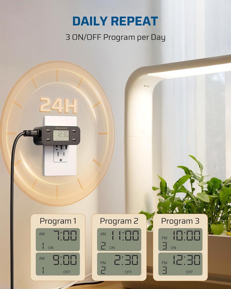 DEWENWILS 24 Hour Programmable Digital Timer Outlet with 1 Grounded Outlet, Timers for Electrical Outlets, Light Timer for Indoor Lamp Fan Aquarium, 125V/15A/1000W, 3 Prong, 1/2 HP, Black - Image 2